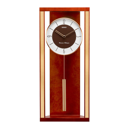 Wooden Seiko wall clock with pendulum on a white background