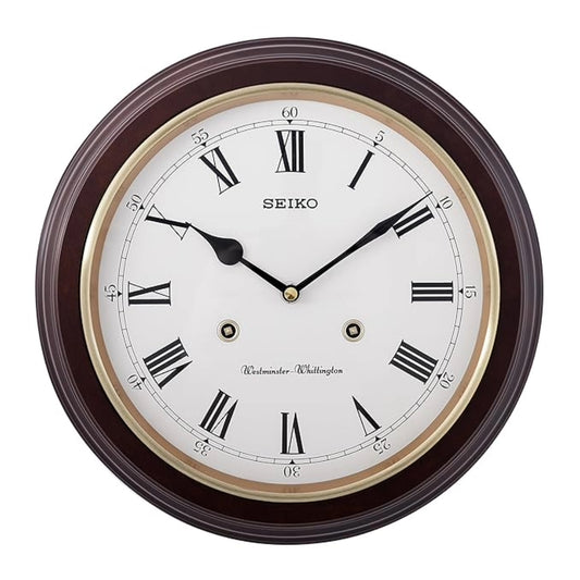 Seiko wall clock with brown frame and white face