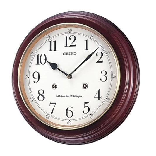 Seiko wall clock with a maroon frame on a white background