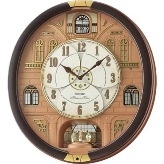 Decorative wall clock with architectural design and Seiko branding