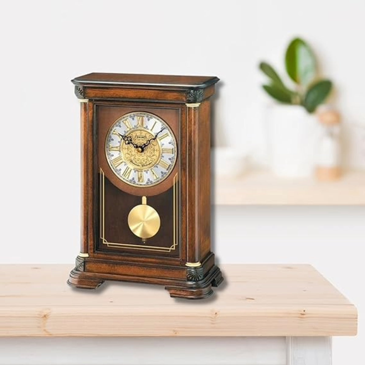 Seiko Table Clock Elegant Rectangular Wooden Dual Chime Sound Pendulum QXQ008BN