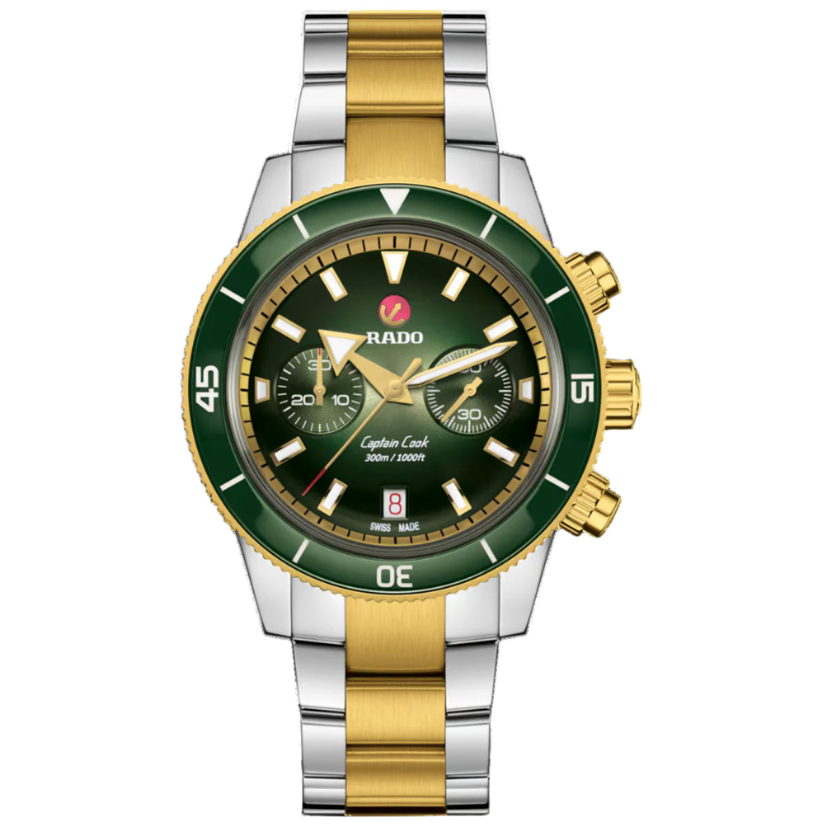 Two-tone silver and gold watch with green bezel on a white background