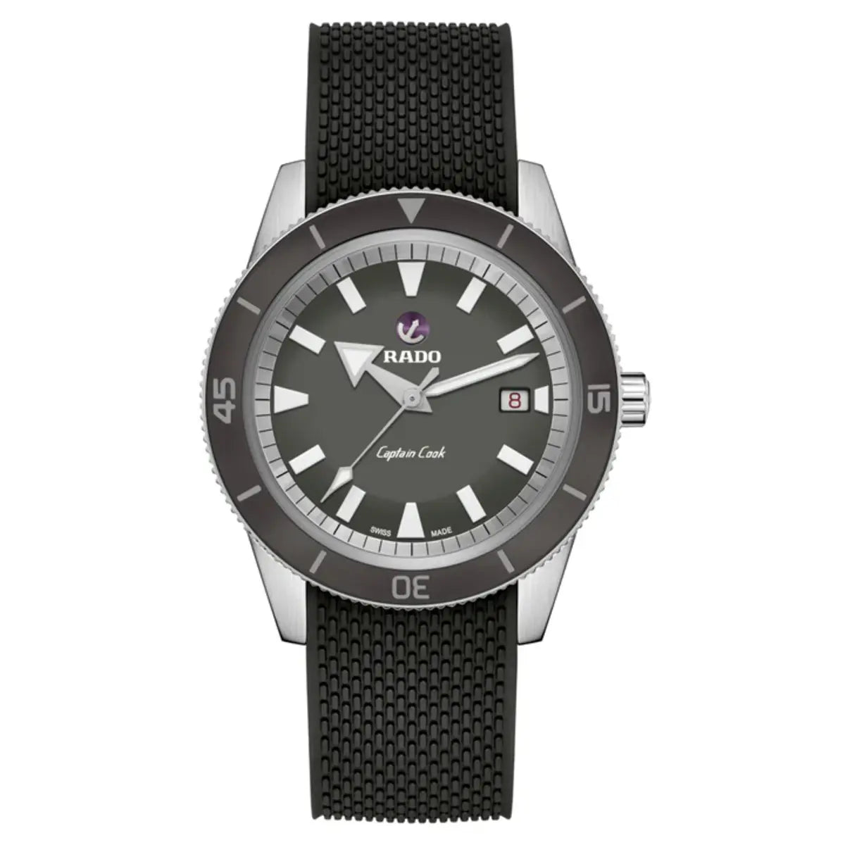 Rado watch with black strap and gray dial on a white background