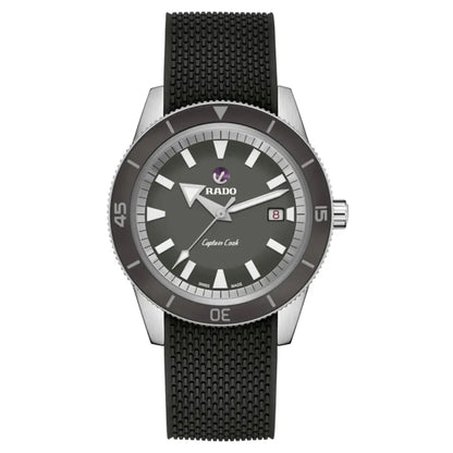 Rado watch with black strap and gray dial on a white background