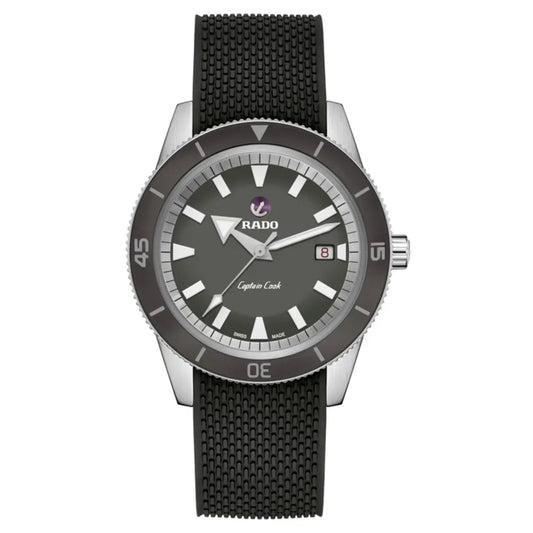 Rado watch with black strap and gray dial on a white background