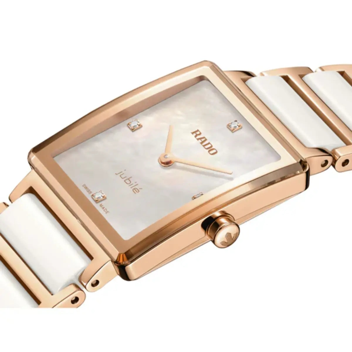 Rose gold and white watch with Rado branding on a white background