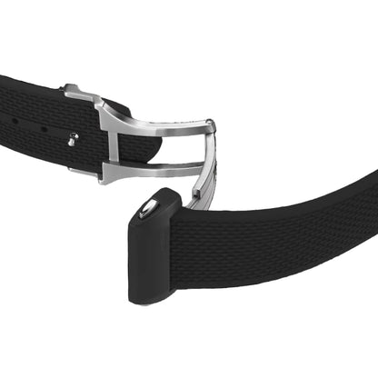 Black belt with silver buckle on a white background