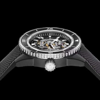 Watch with a black mesh band and transparent face on a black background