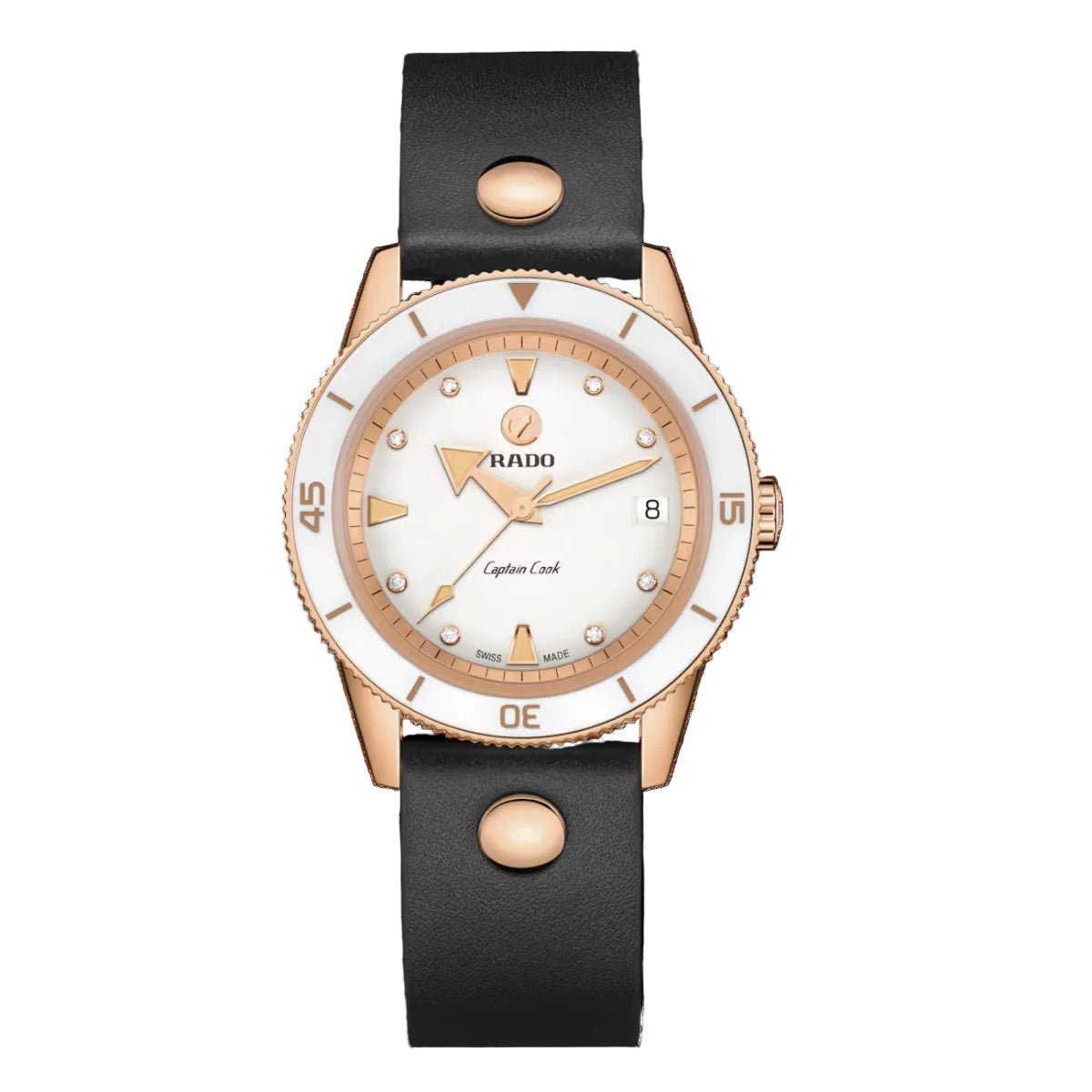 Rado watch with rose gold case and black leather strap on a white background
