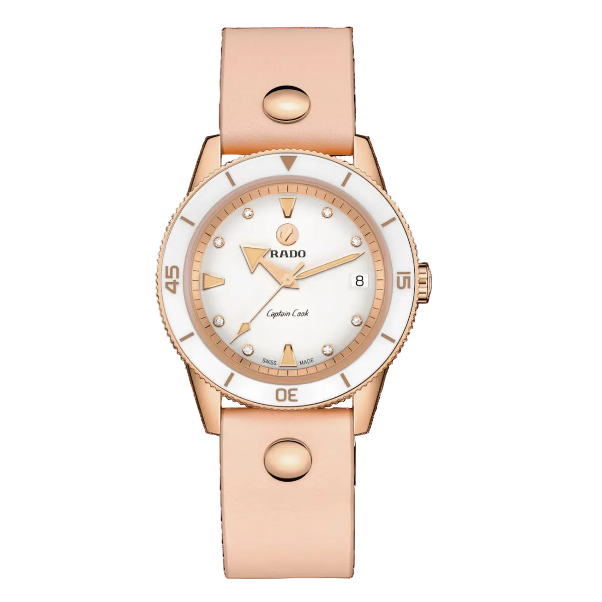 Rose gold watch with white dial on a black background