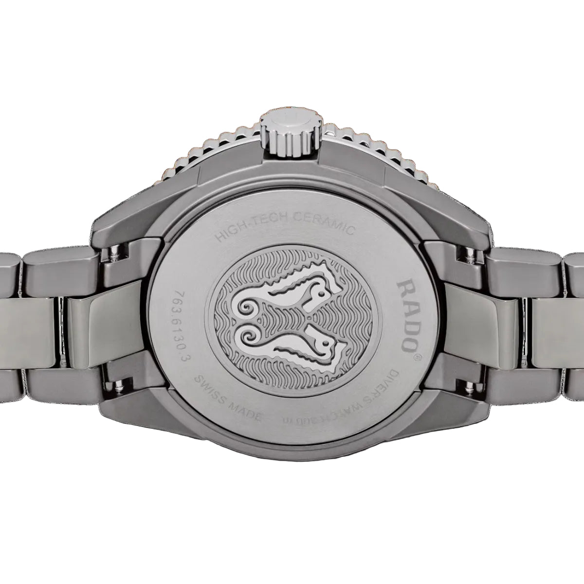 Silver watch with Rado logo on a black background