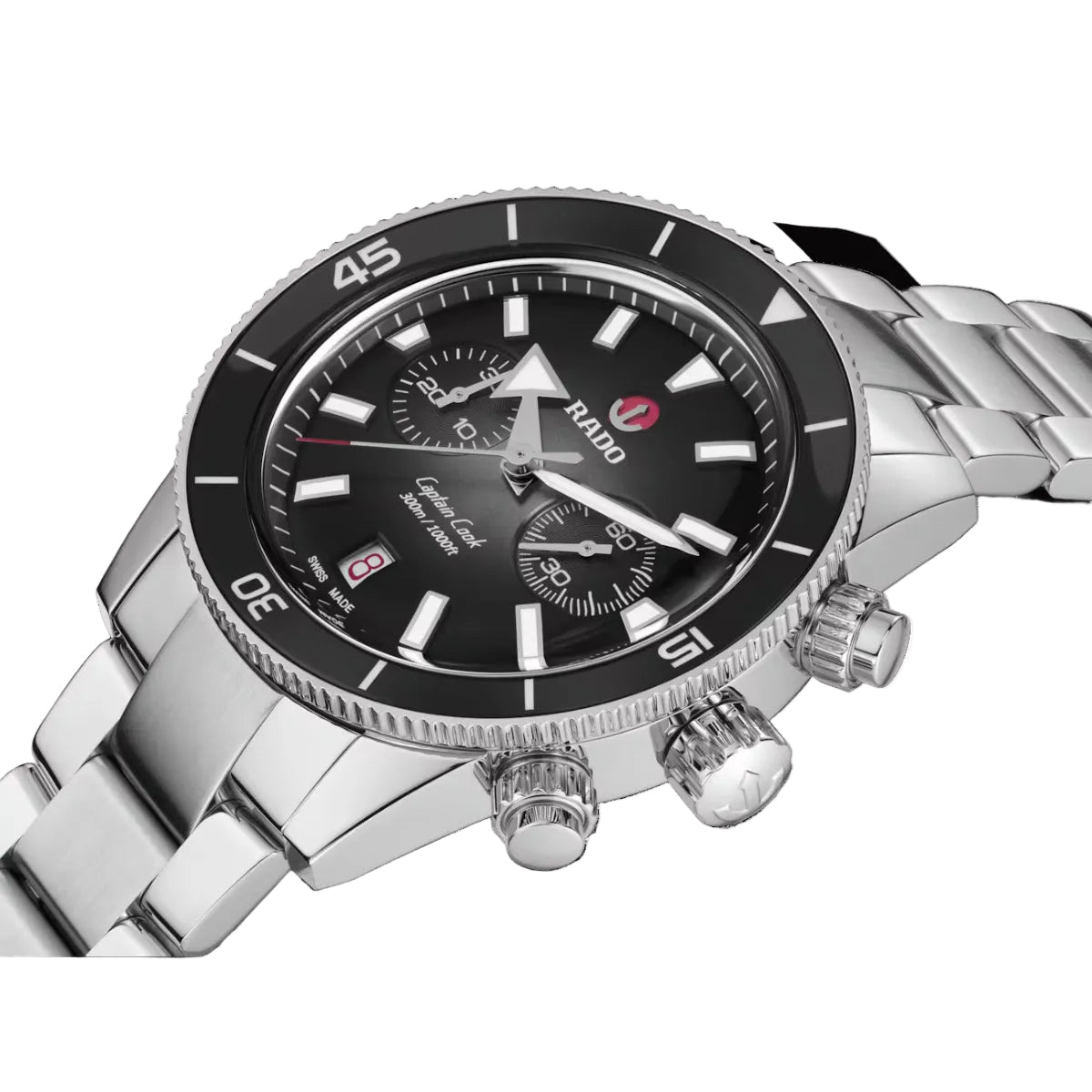 Silver watch with a black face on a white background