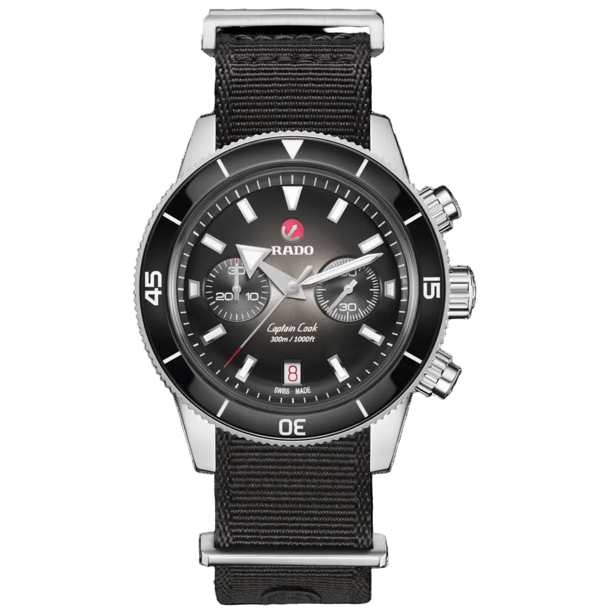 Black wristwatch with silver accents on a white background