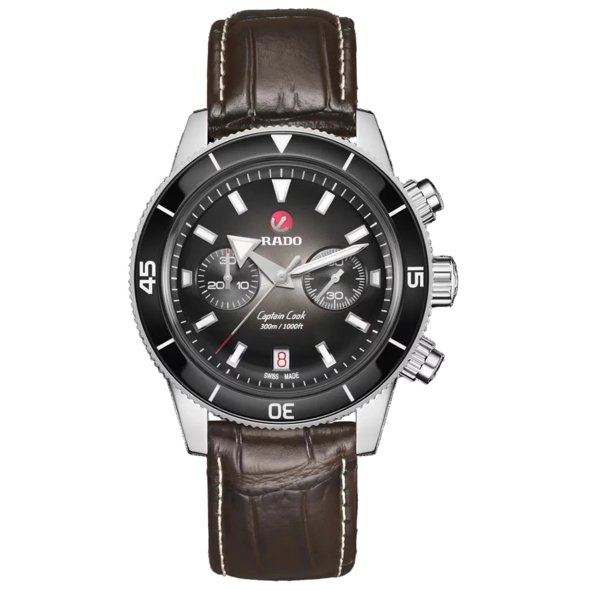 Rado watch with brown leather strap and black dial on a white background