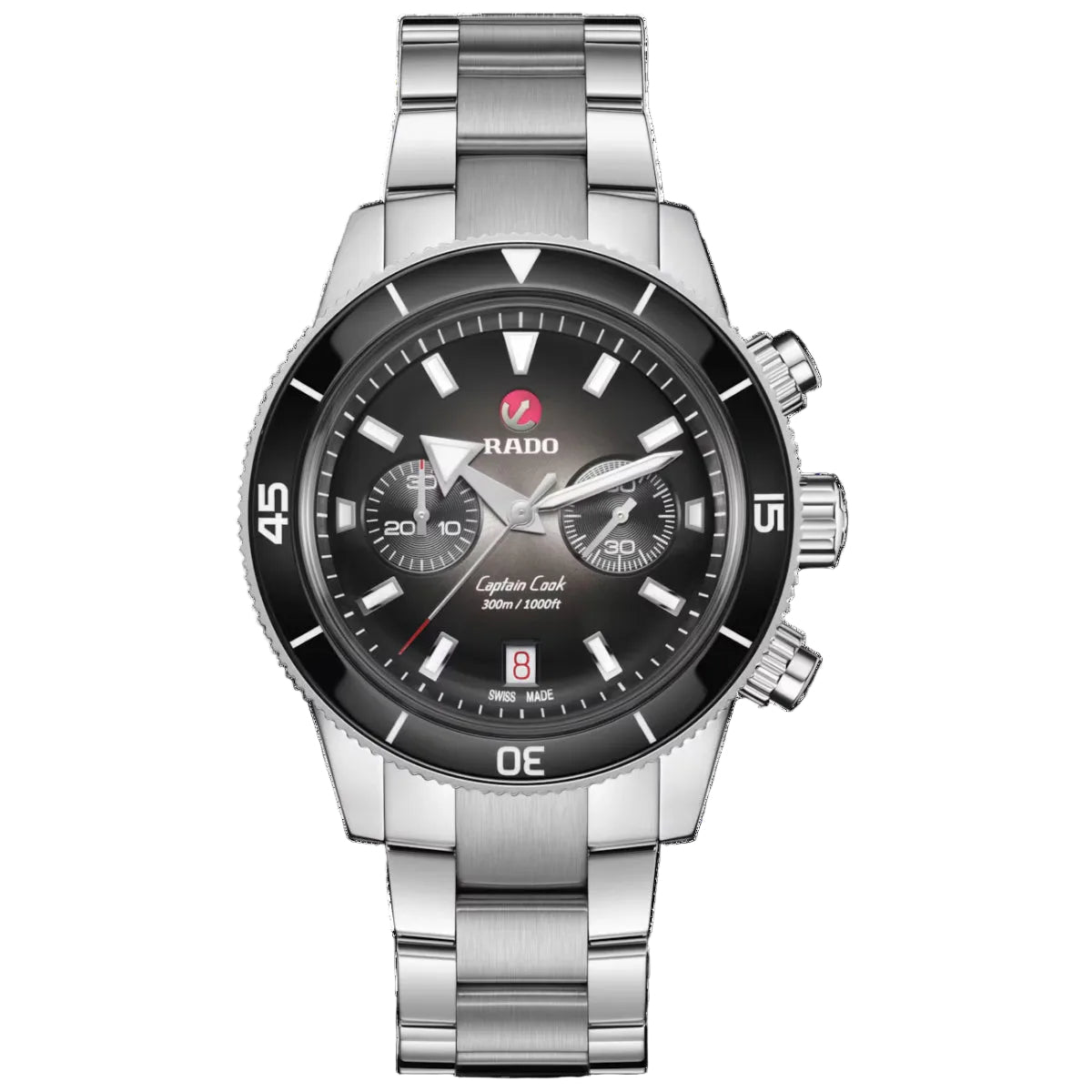 Silver watch with black dial on a white background