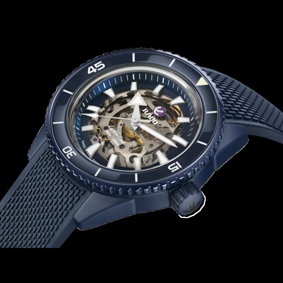 Blue wristwatch with a detailed mechanical face on a black background