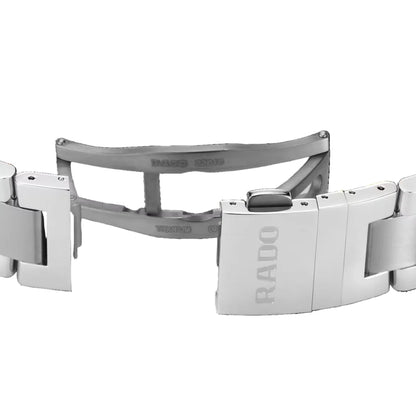 Close-up of a Rado watch strap on a black background