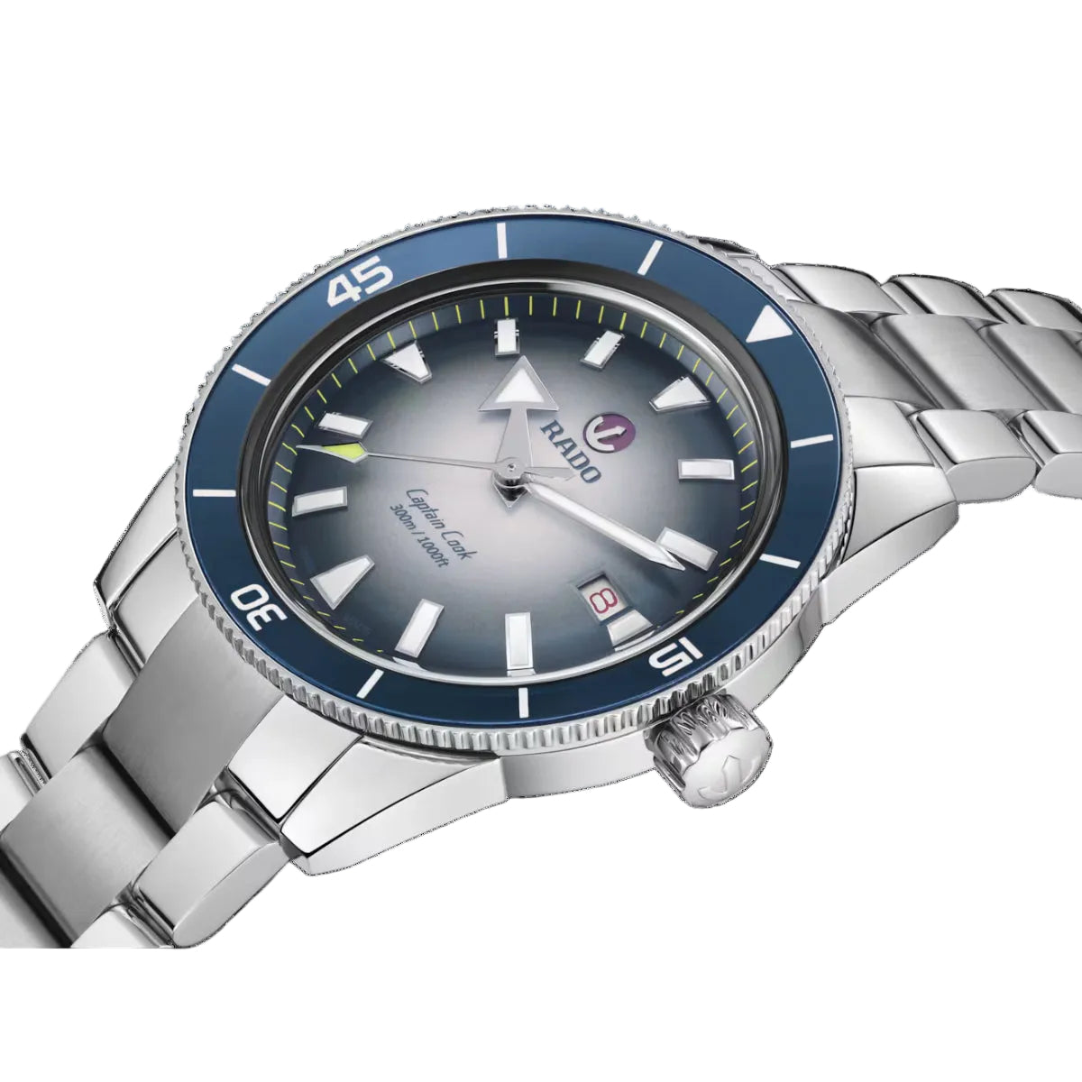 Silver watch with blue bezel and white face on a black background
