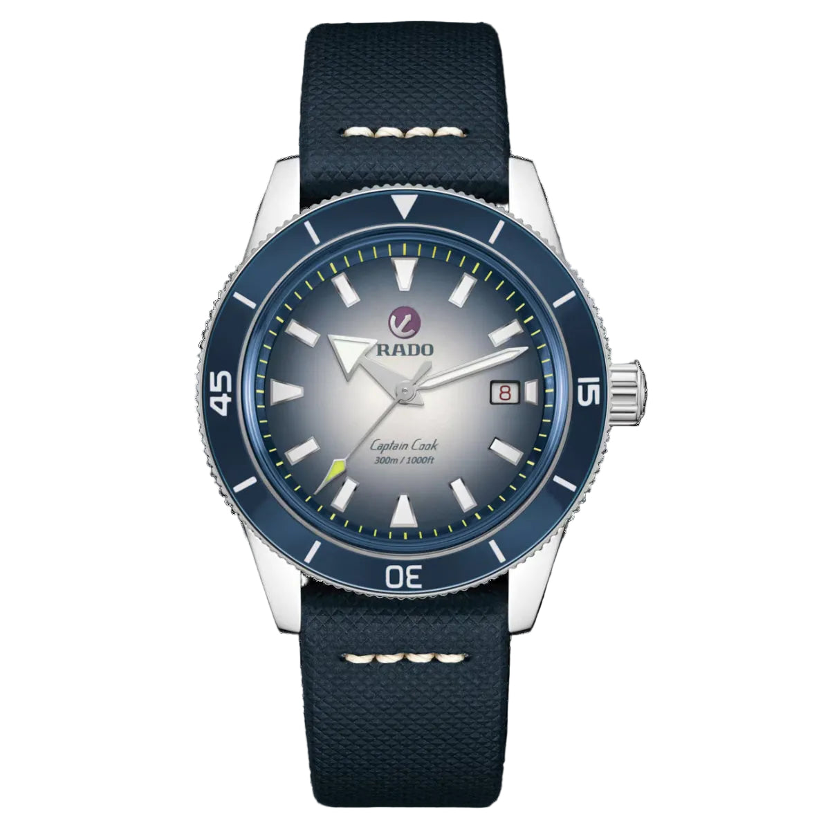 Rado watch with blue strap and face on a black background