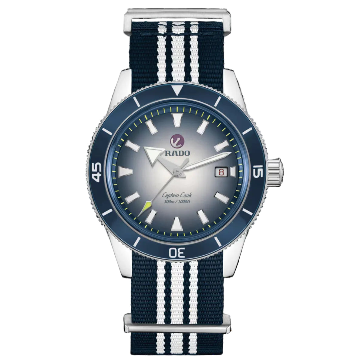 Rado watch with blue strap and face on a white background
