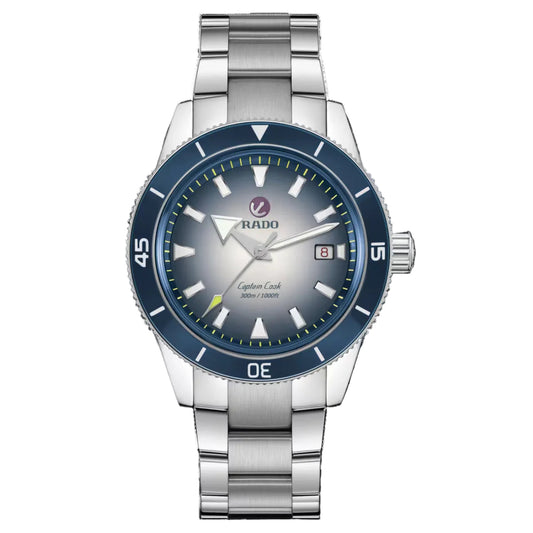 Silver Rado watch with blue dial on a white background