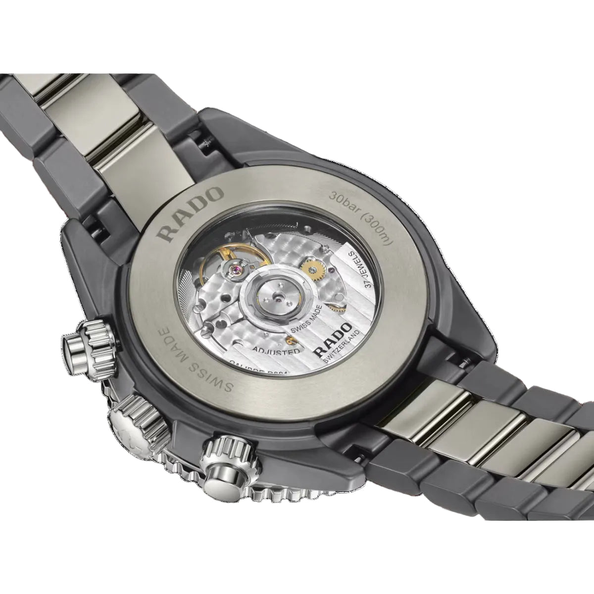 Close-up of a Rado watch with visible mechanical components on a black background