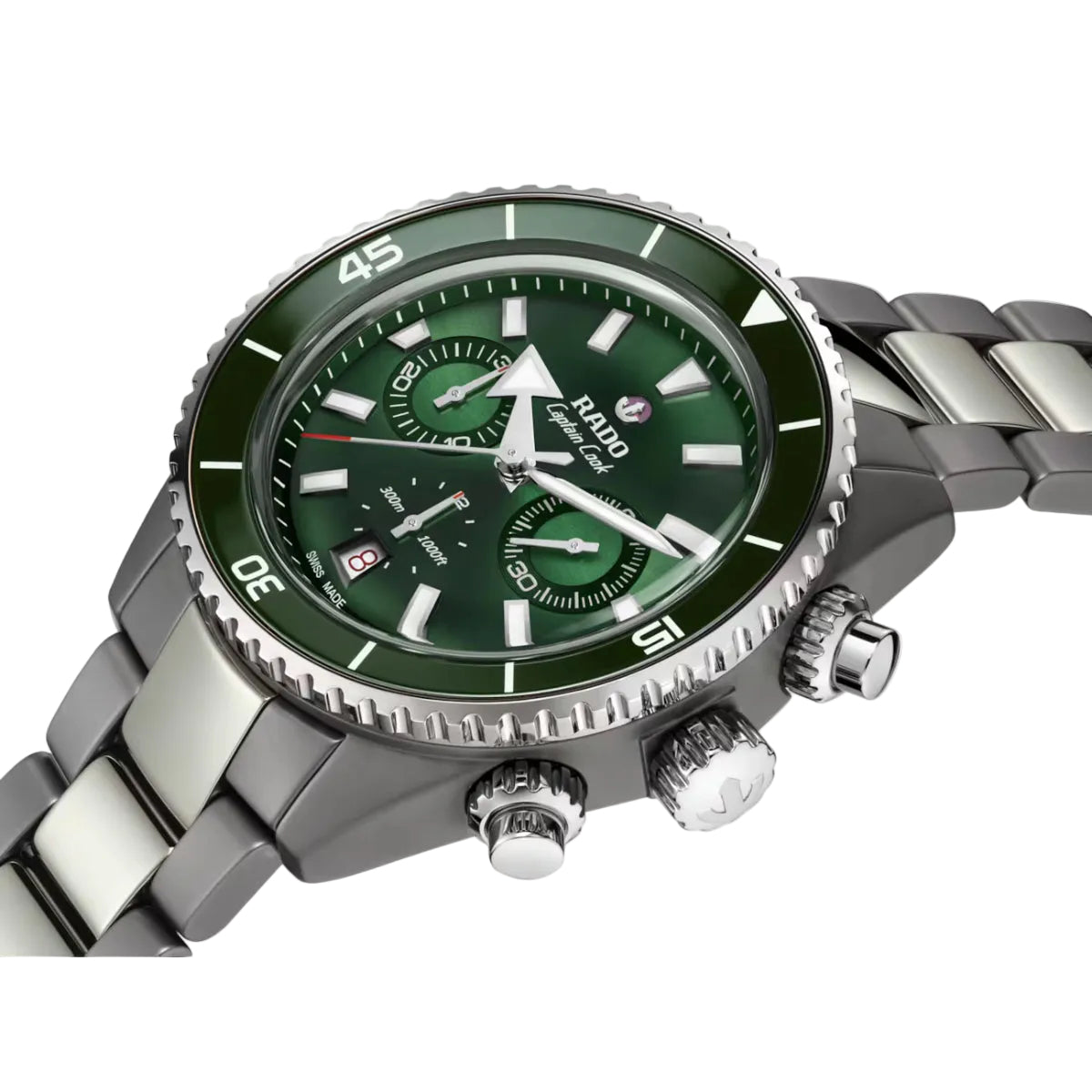 Green watch with silver bracelet on a white background