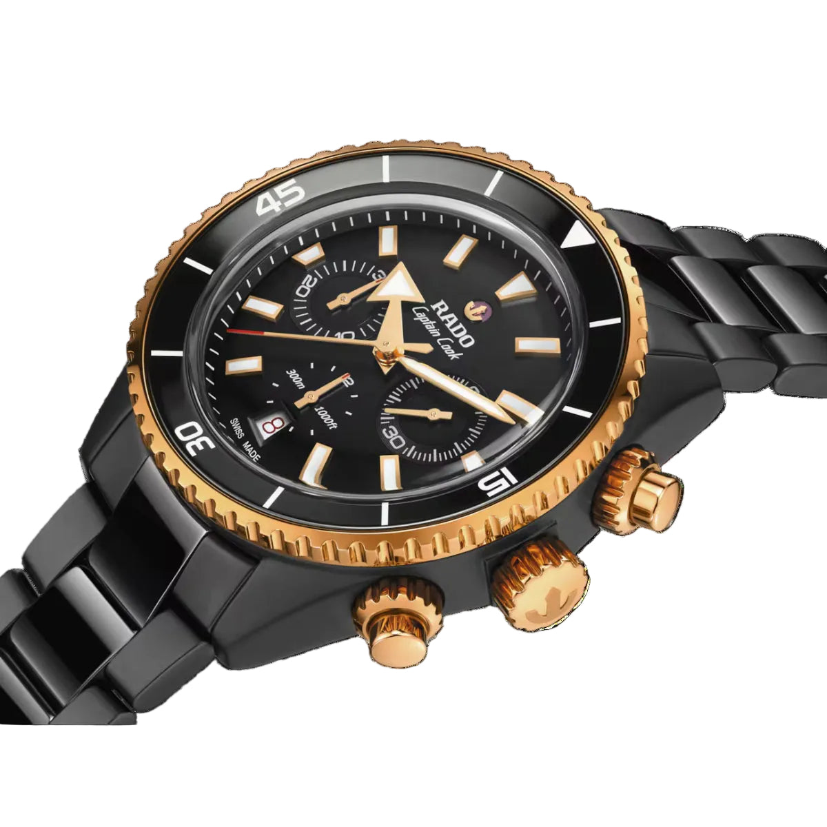 Luxury watch with black and gold design on a black background