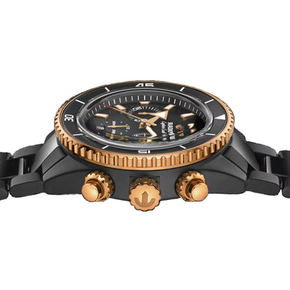 Luxury watch with black and rose gold design on a black background