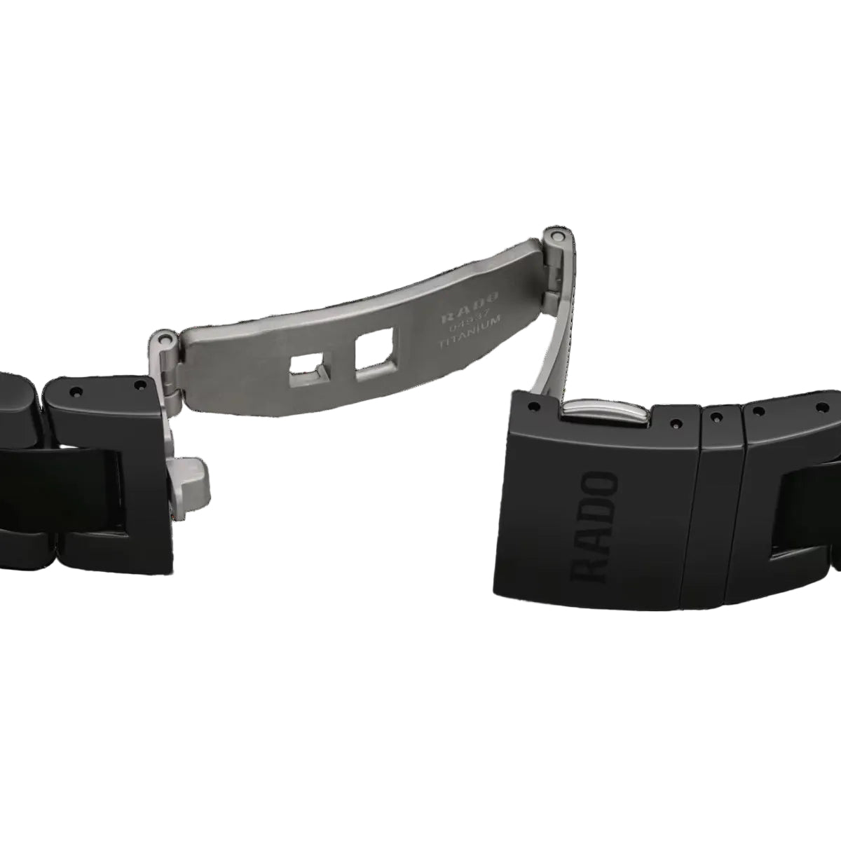 Black watch strap with Rado branding on a black background