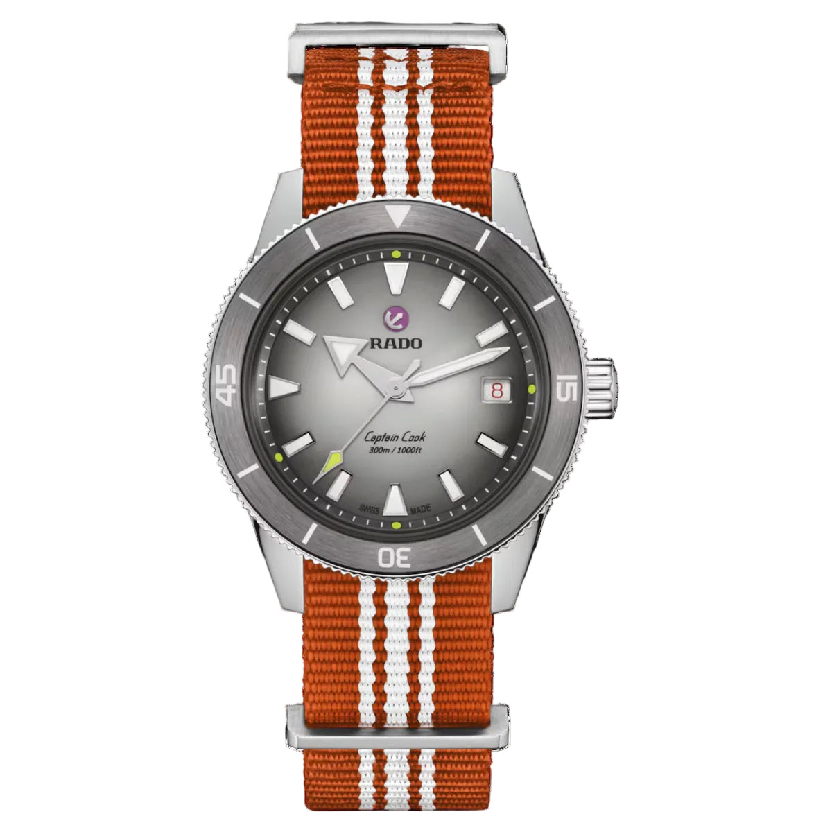 Watch with orange and white striped strap on a black background