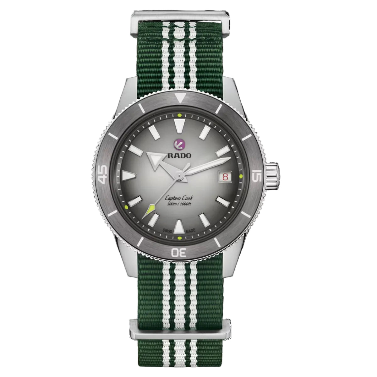 Rado watch with green strap on a white background