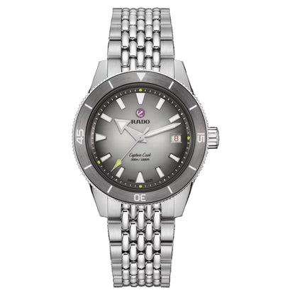 Silver Rado watch with a dark face on a black background
