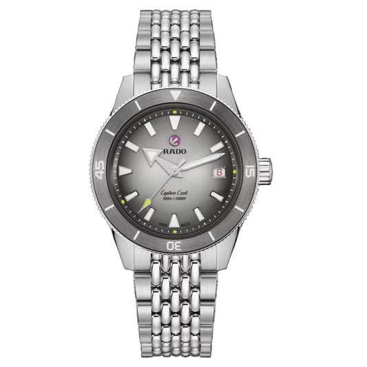 Silver Rado watch with a dark face on a black background