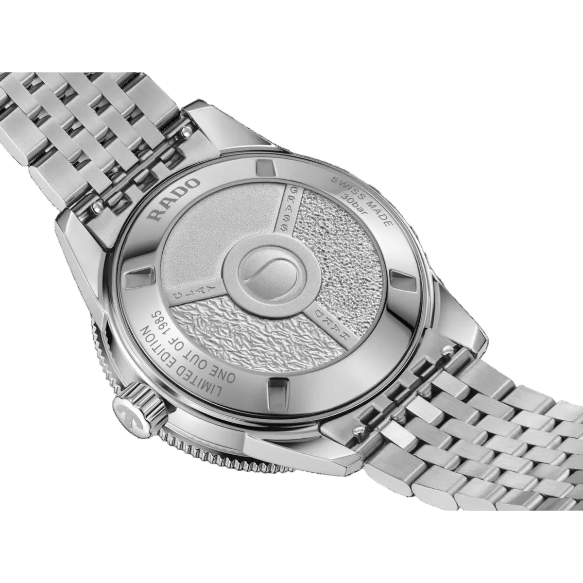 Silver watch with detailed face and brand name on a black background