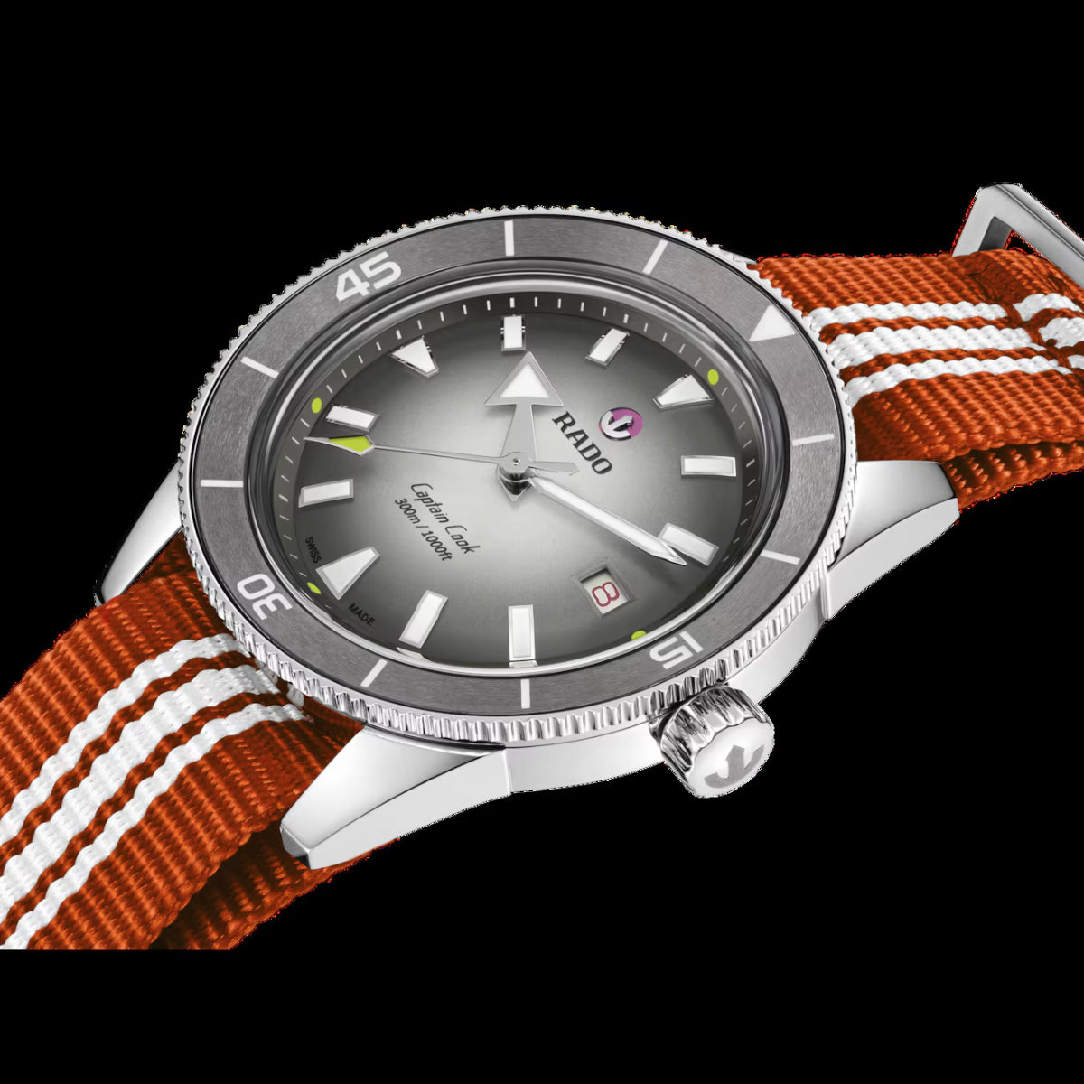 Watch with orange strap and gray dial on a black background