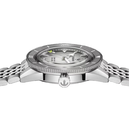 Silver watch with detailed design on a black background