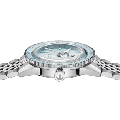 Silver watch with a detailed face on a black background