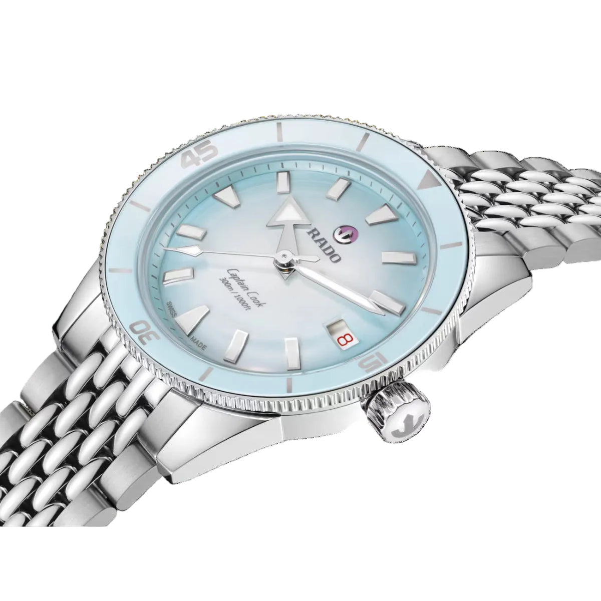 Silver watch with a light blue face on a black background