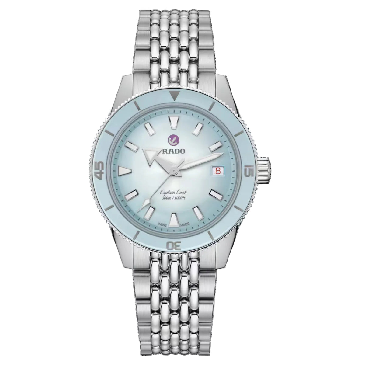 Silver watch with a light blue face on a black background