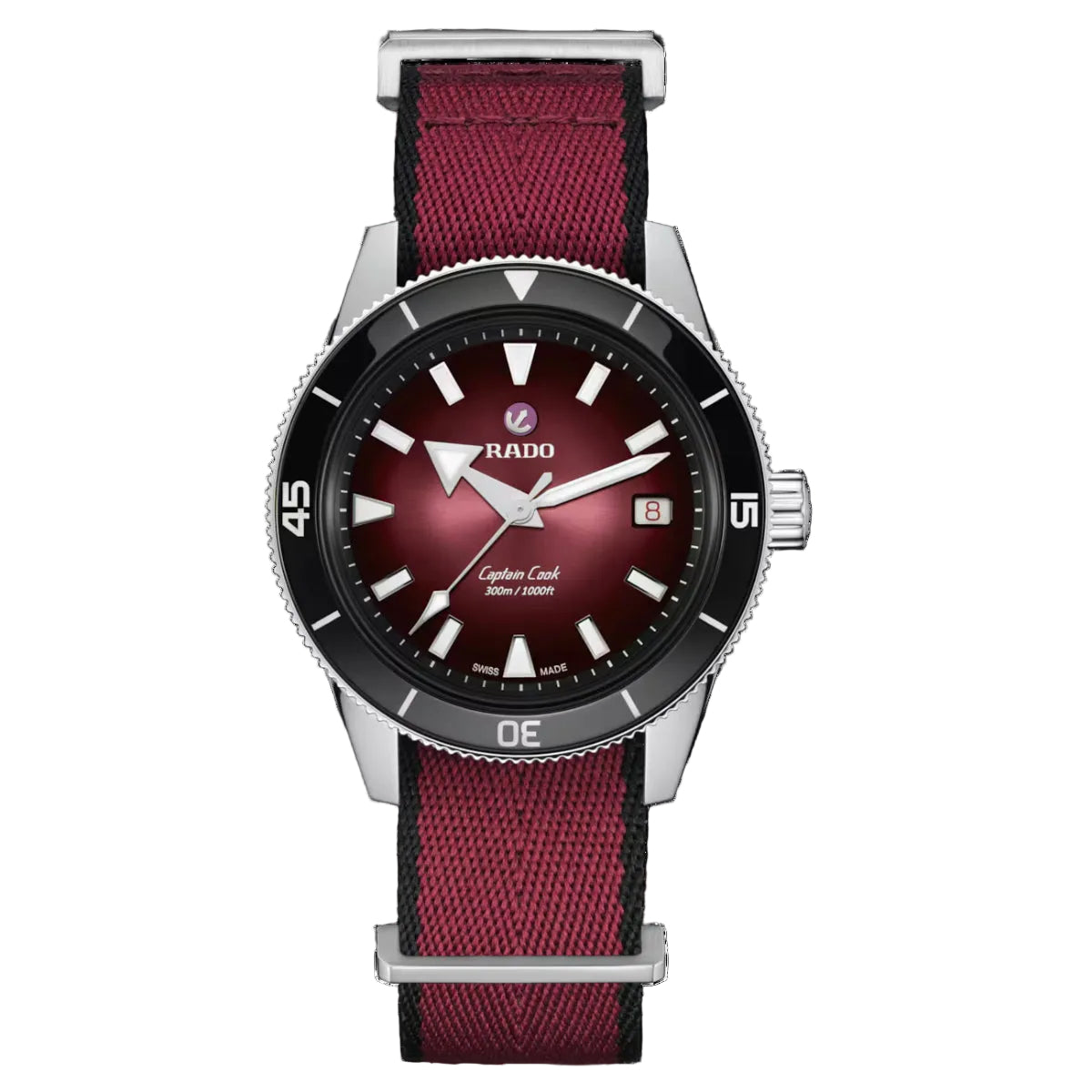 Rado watch with red strap and maroon dial on a white background