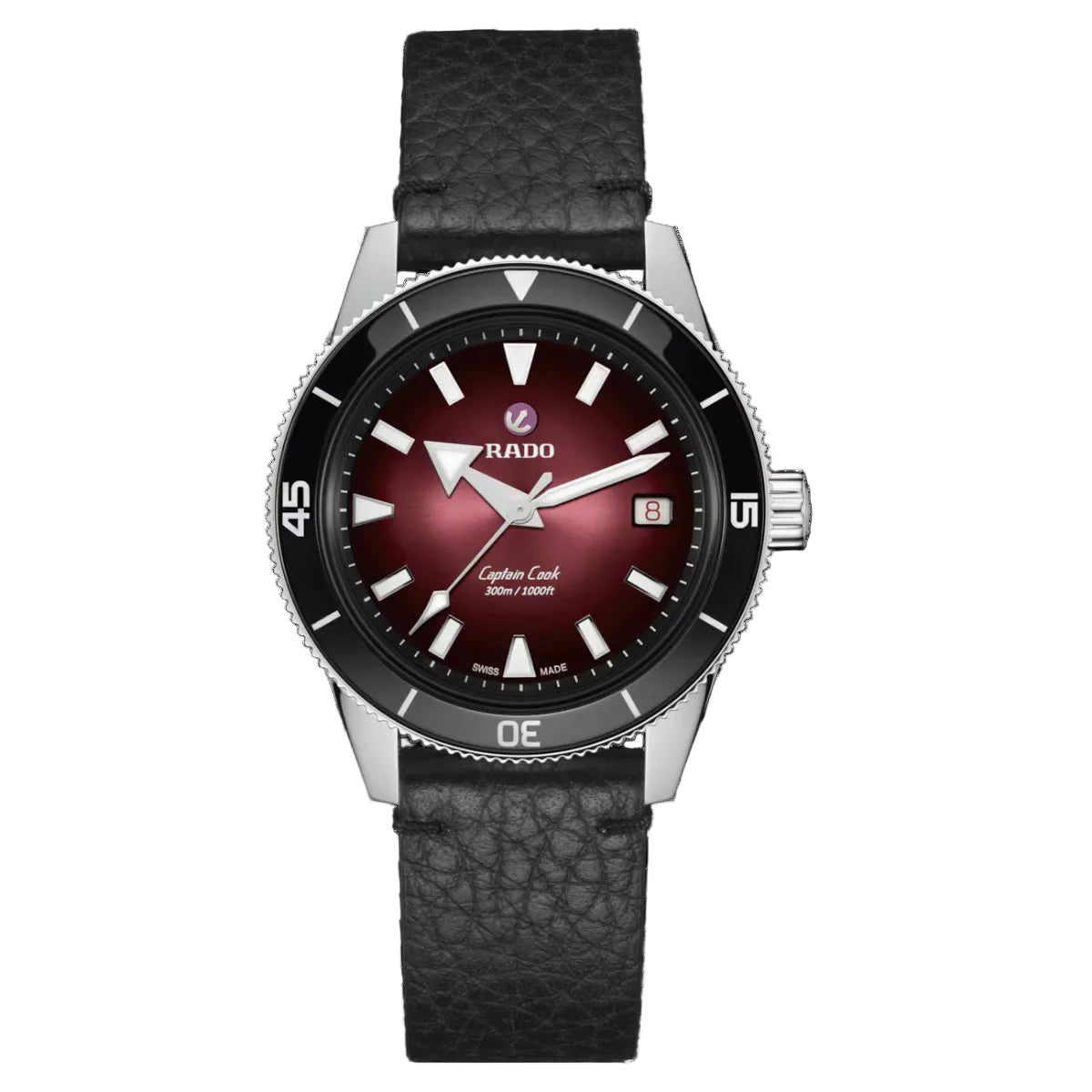 Rado watch with black leather strap and red dial on a white background