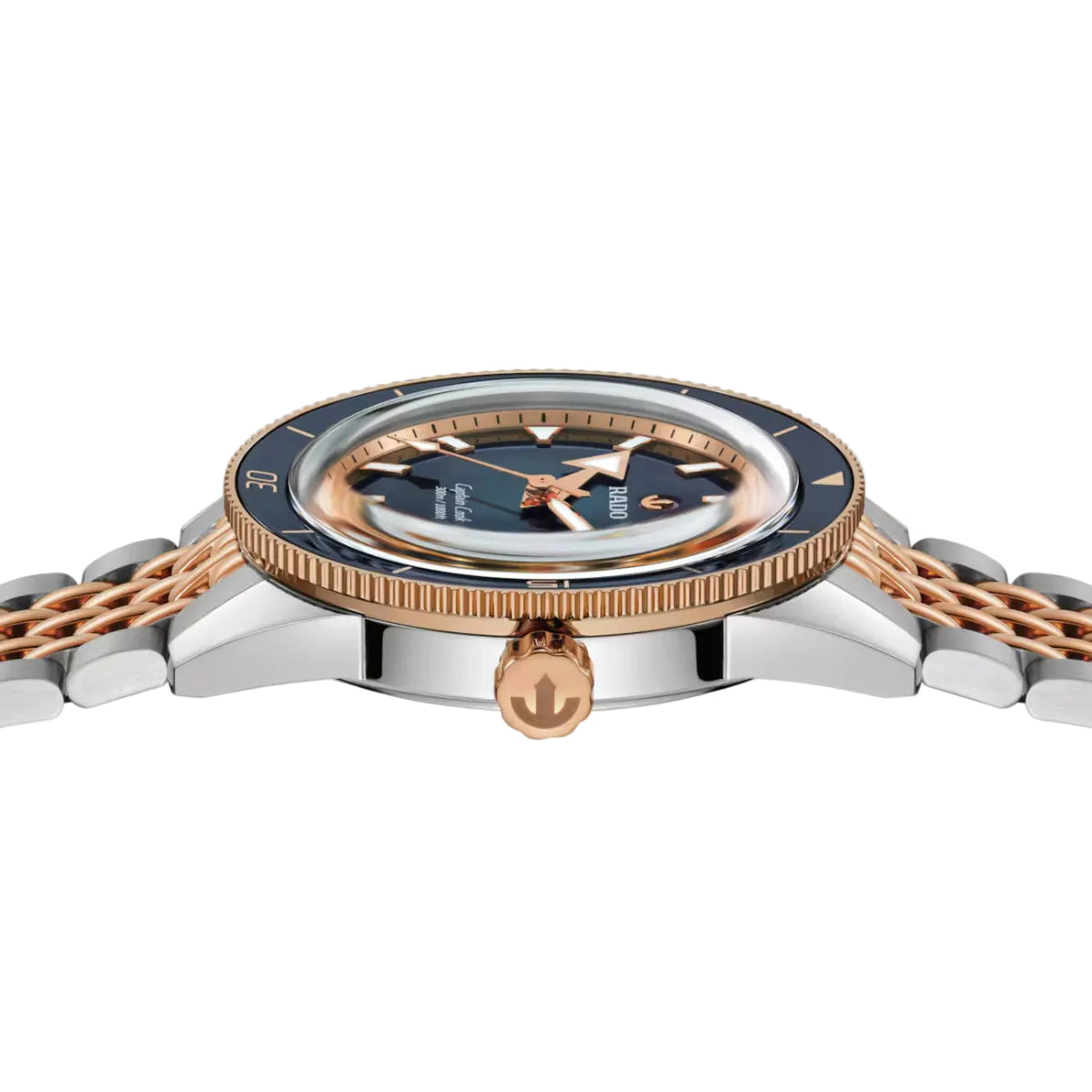 Watch with rose gold and silver design on a white background