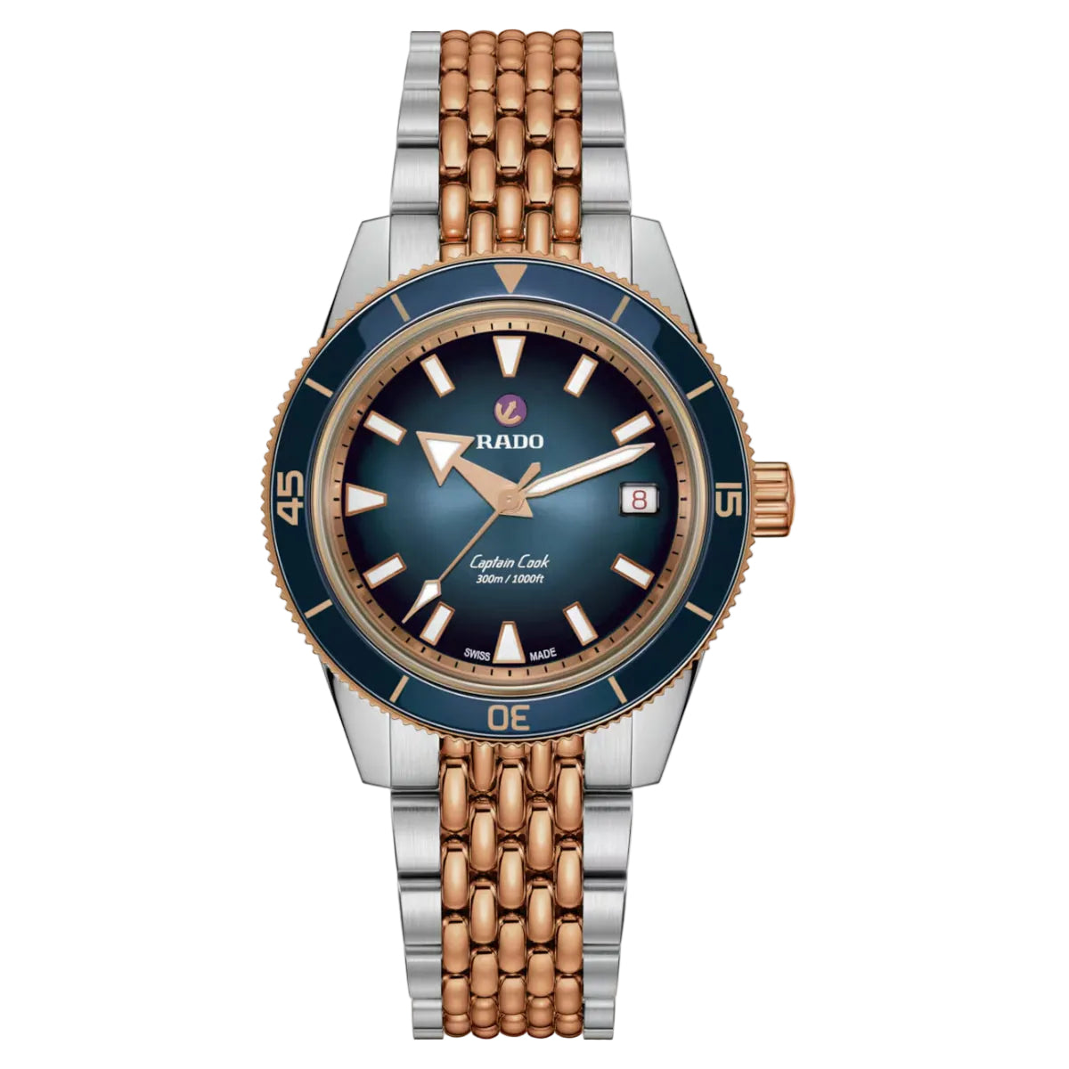 Rado watch with blue face and rose gold accents on a white background