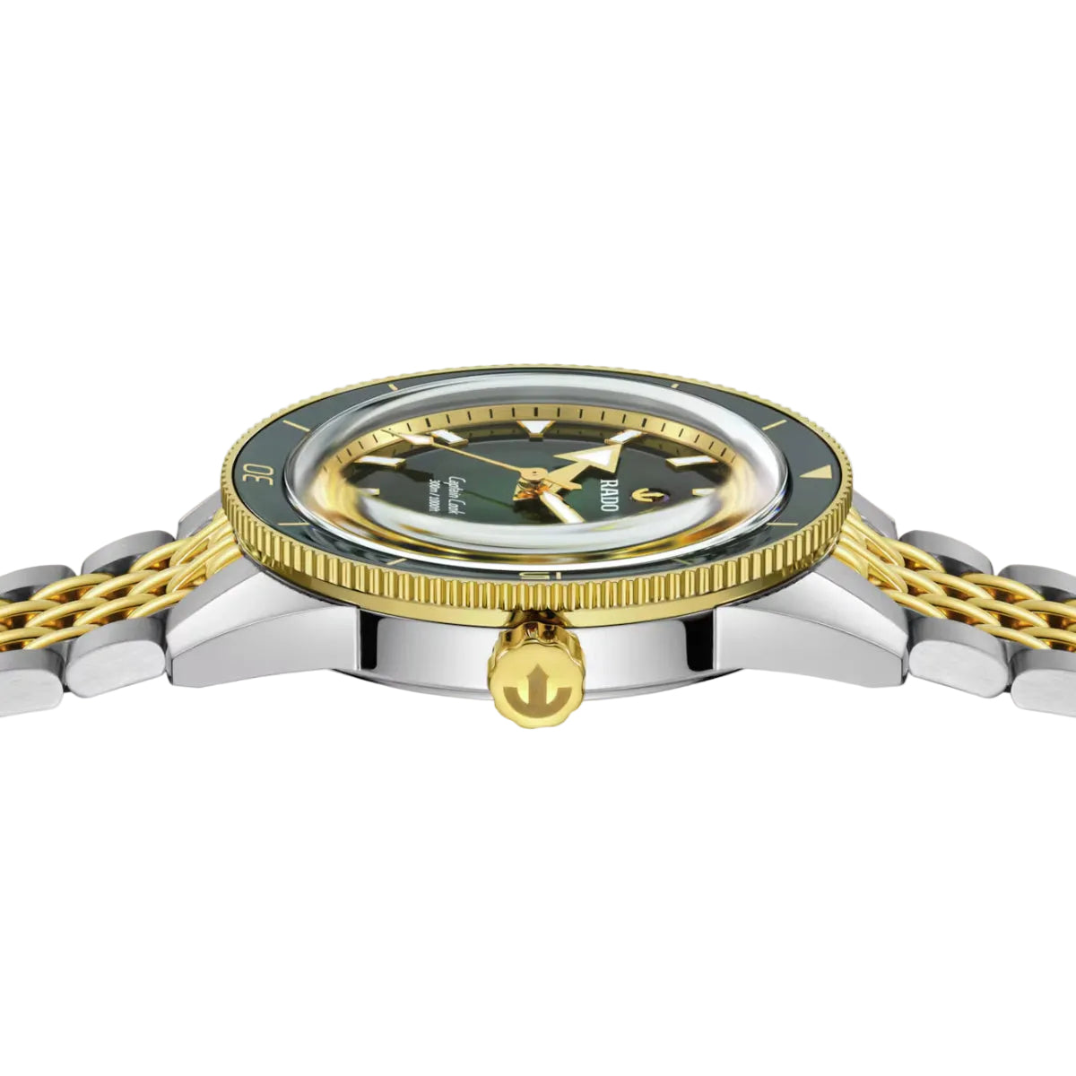 Watch with gold and silver band on a white background