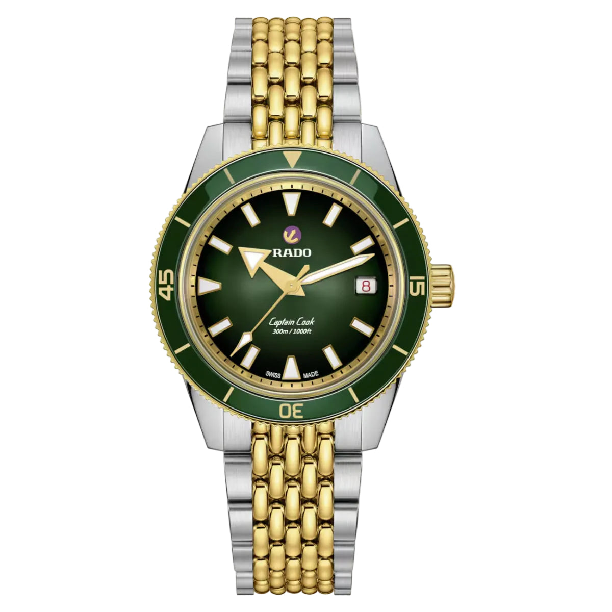 Rado watch with green face and gold and silver band on white background