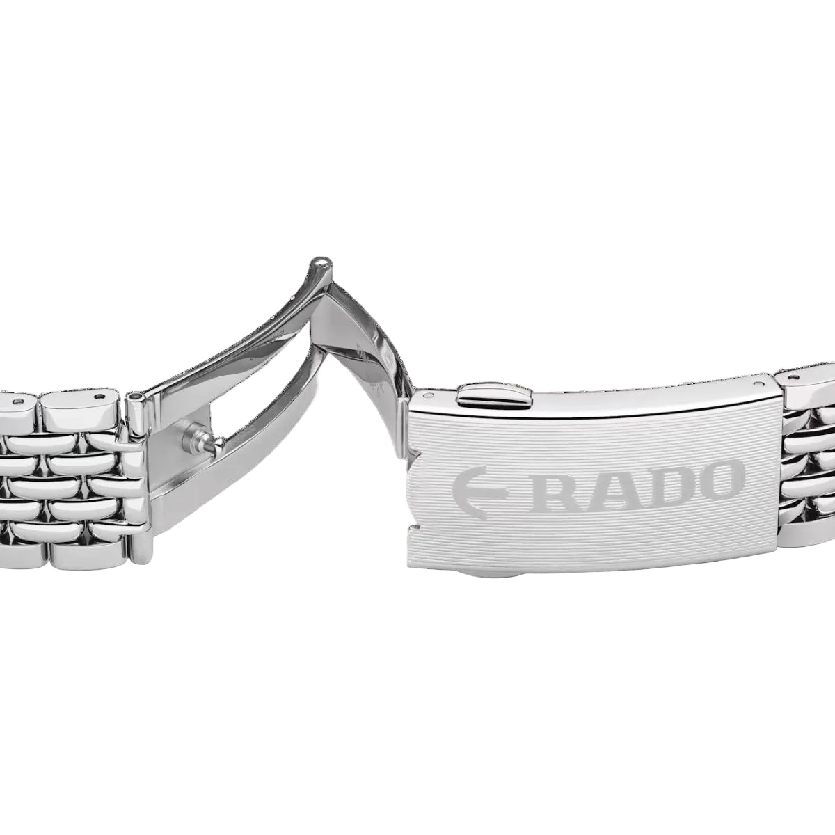 Close-up of a Rado watch band with clasp on a black background