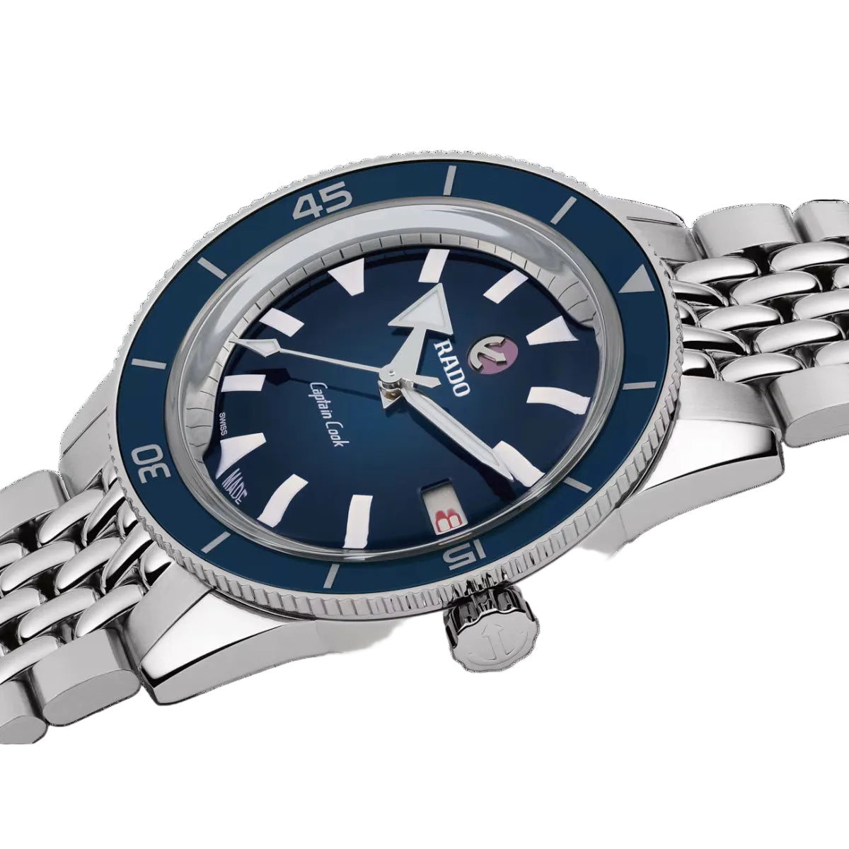 Silver watch with blue face on a black background