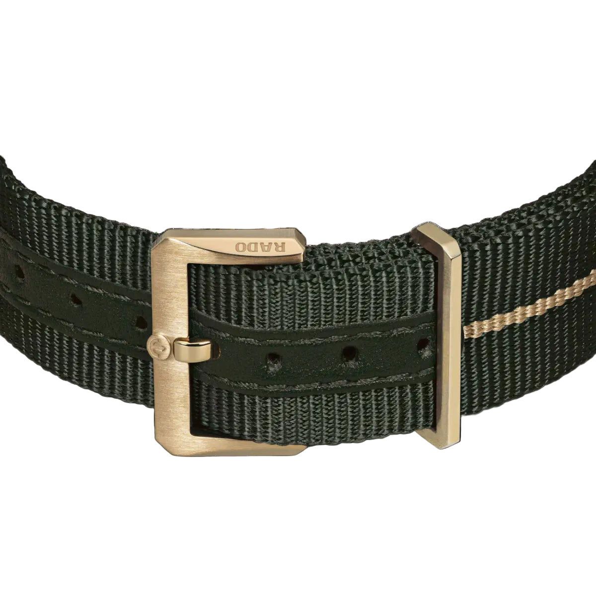 Green watch strap with gold buckle on a black background