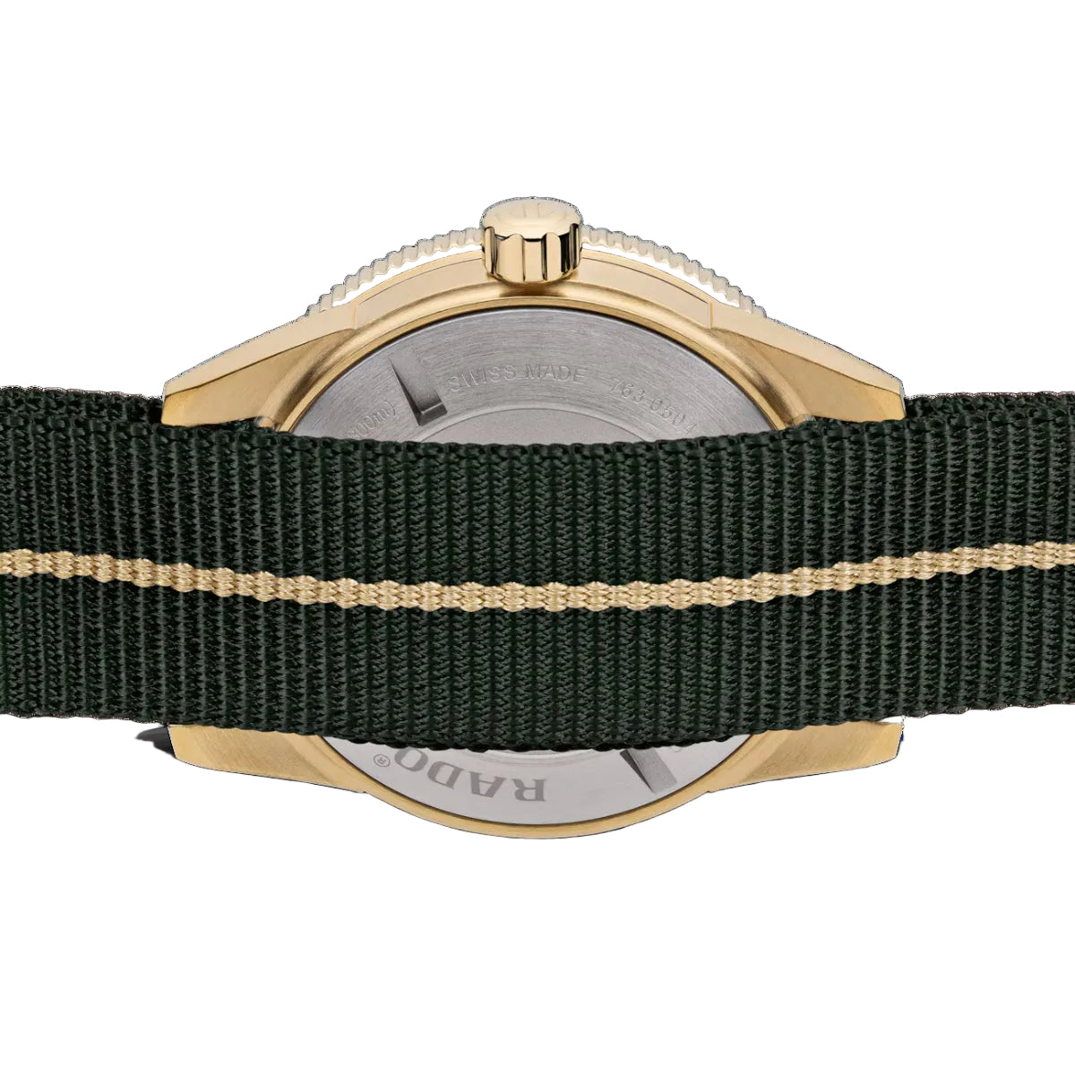 Watch with gold case and green strap on a black background